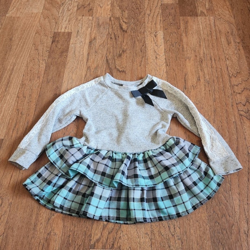 Youngland Toddler Girls 3T Plaid Ruffle Dress Grey Turquoise Lace Bow 16518 592